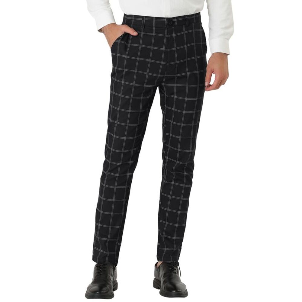 Men's Dress Plaid Slim Fit Flat Front Business Pants with Pockets Black